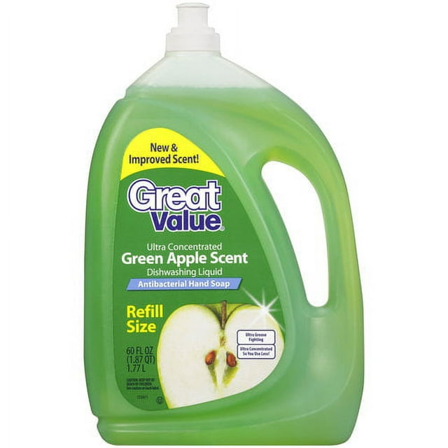 Great Value Antibacterial Refill Size Dishwashing Liquid Soap, Green Apple Scent, 60 oz