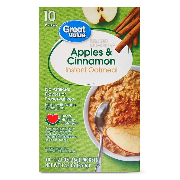 Great Value Apples & Cinnamon Instant Oatmeal, 1.23 oz, 10 Count