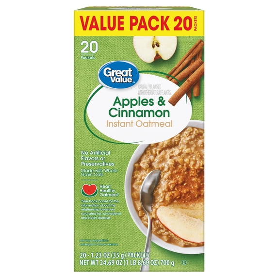 Great Value Apples and Cinnamon Instant Oatmeal, 1.23 oz, 20 Count
