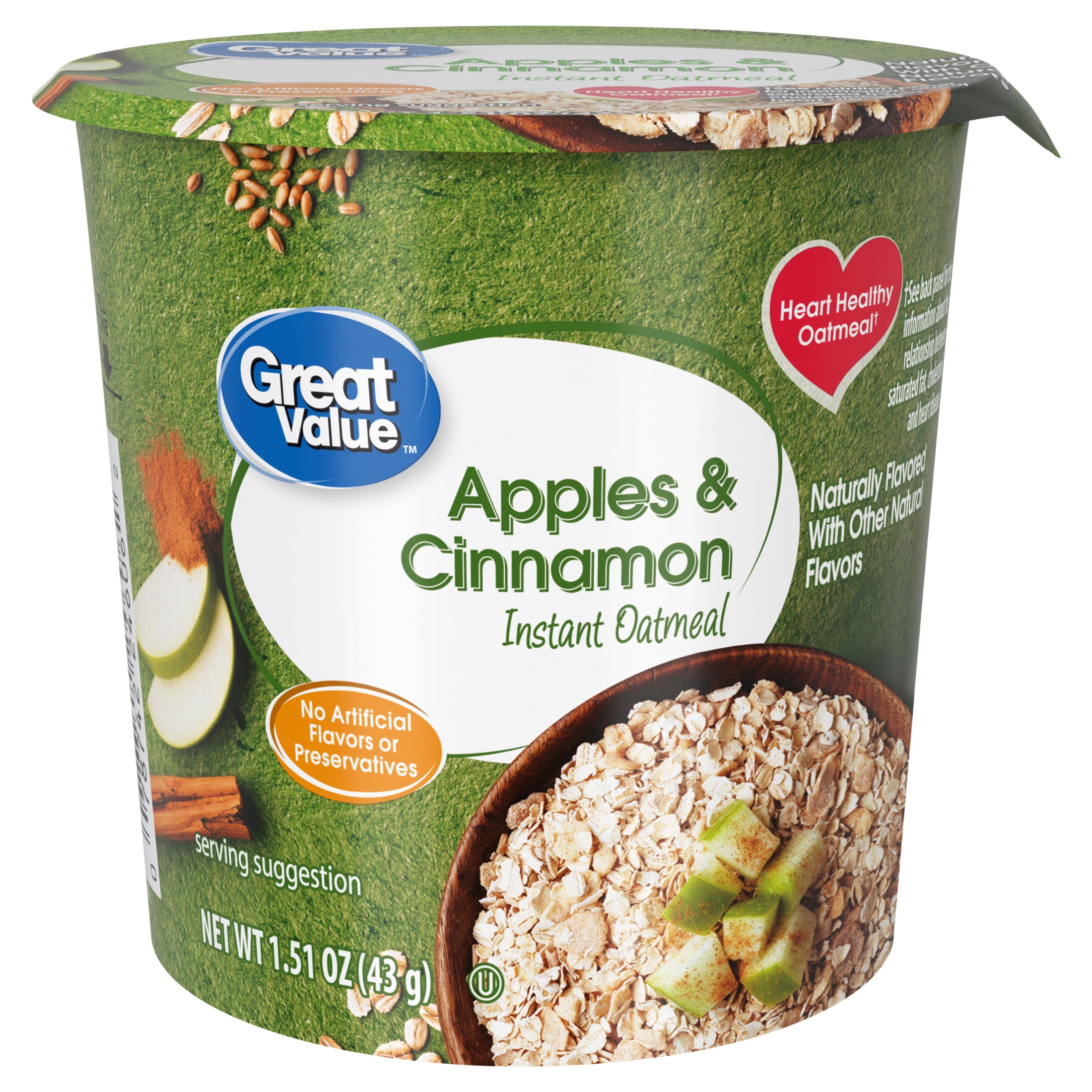 Great Value Apples & Cinnamon Instant Oatmeal Cup, 1.51 oz
