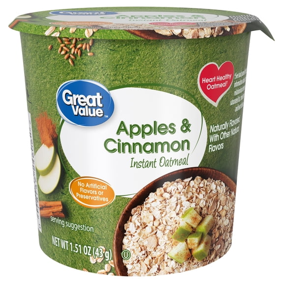 Great Value Apples & Cinnamon Instant Oatmeal Cup, 1.51 oz