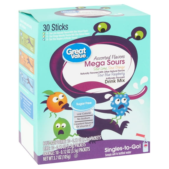 Great Value Assorted Flavors Mega Sours Drink Mix, 0.12 oz, 30 Count