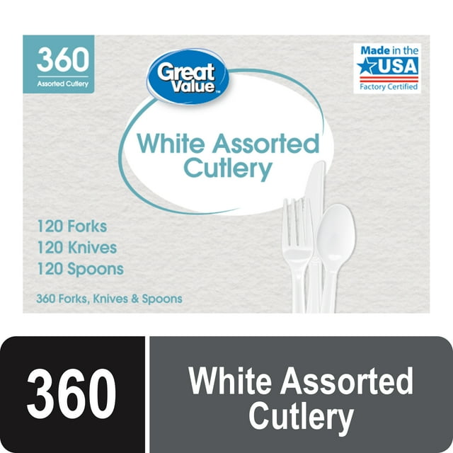 Great Value Assorted Plastic Disposable Cutlery Set, White, 360 Count