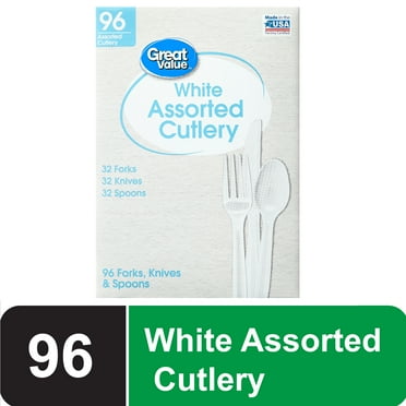 Great Value Assorted Plastic Disposable Cutlery Set, White, 96 Count Includes 32F/32S/32K