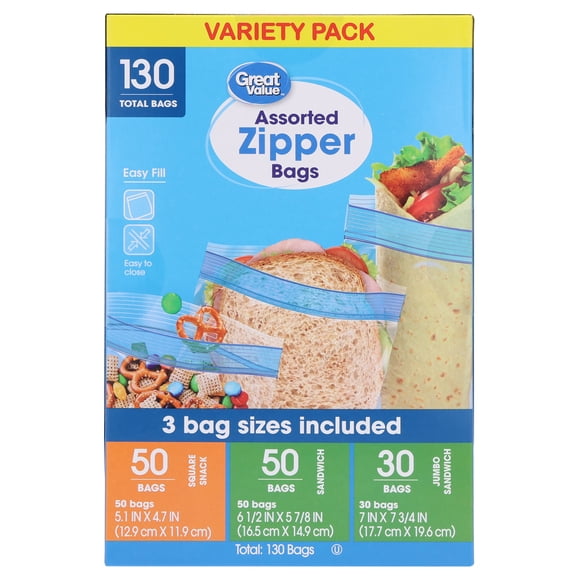Great Value Assorted Zipper Bags Variety Pack, 130 Count