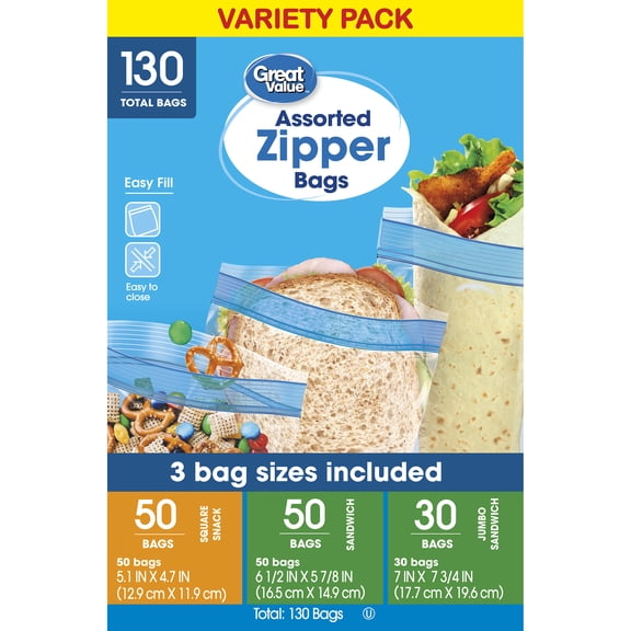 Great Value Assorted Zipper Bags, Variety Pack, 130 Count