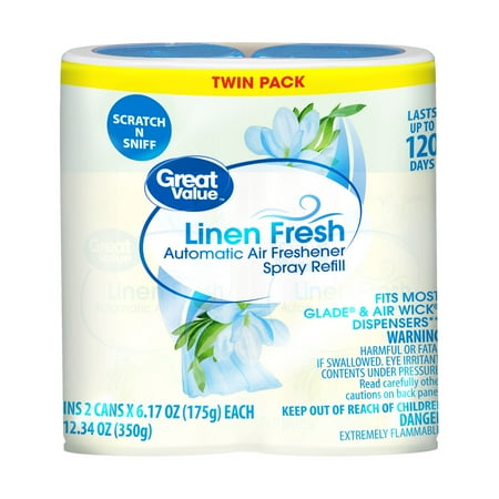 Great Value Automatic Air Freshener Spray Refill, Linen Fresh, 12.34 oz, 2 Count