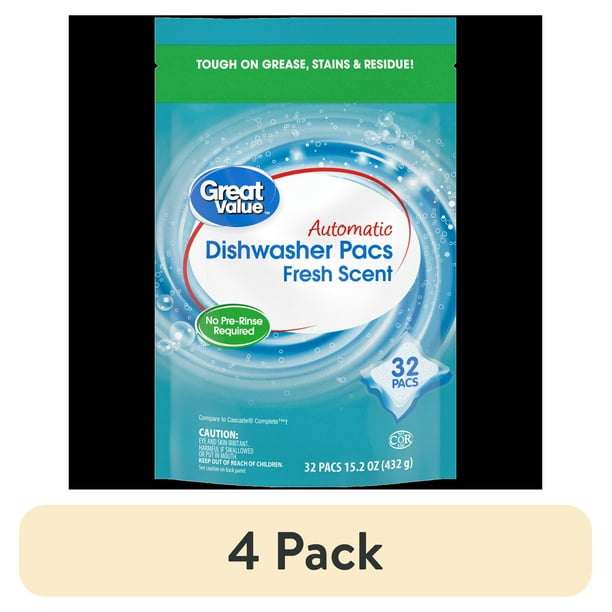 (4 pack) Great Value Automatic Dishwasher Detergent Pods, Base Clean, Fresh Scent, 32 count
