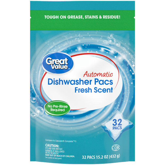 Great Value Automatic Dishwasher Detergent Pods, Base Clean, Fresh