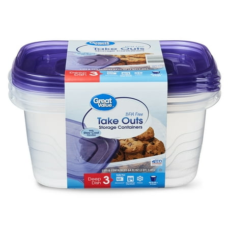 Great Value BPA Free Take Outs Storage Containers with Lids, Deep Dish, Set of 3, 64 fl oz