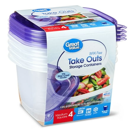 Great Value BPA Free Take Outs Storage Containers with Lids, Medium Square, Set of 4, 32 fl oz