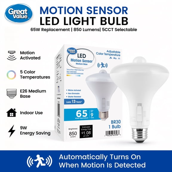 Great Value BR30 Motion Sensor LED Flood Light Bulb, 65W Equivalent, 5CCT Selectable, 850 Lumens, E26 Base