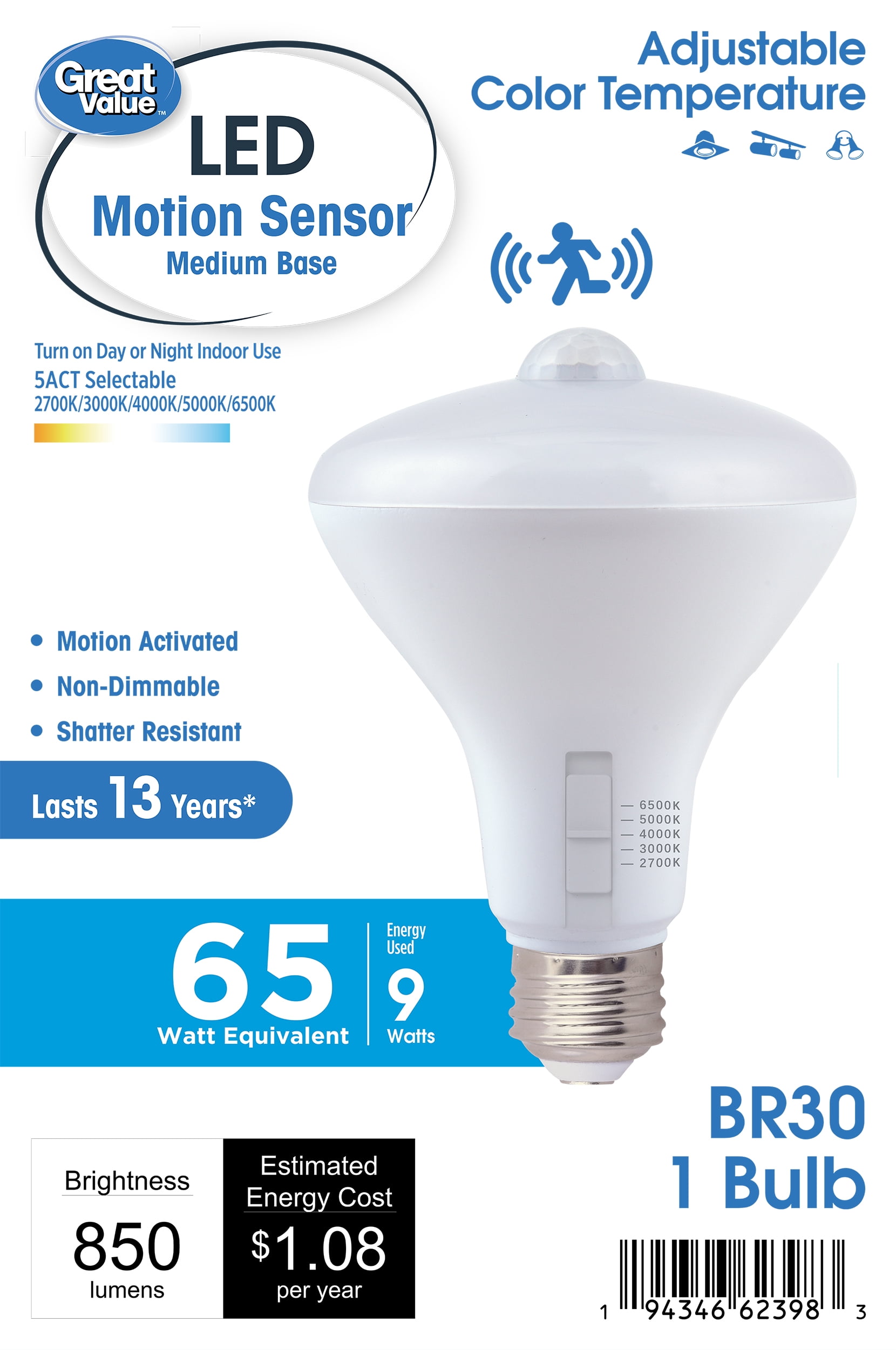 Great Value BR30 Motion Sensor LED Flood Light Bulb, 65W Equivalent, 5CCT Selectable, 850 Lumens, E26 Base