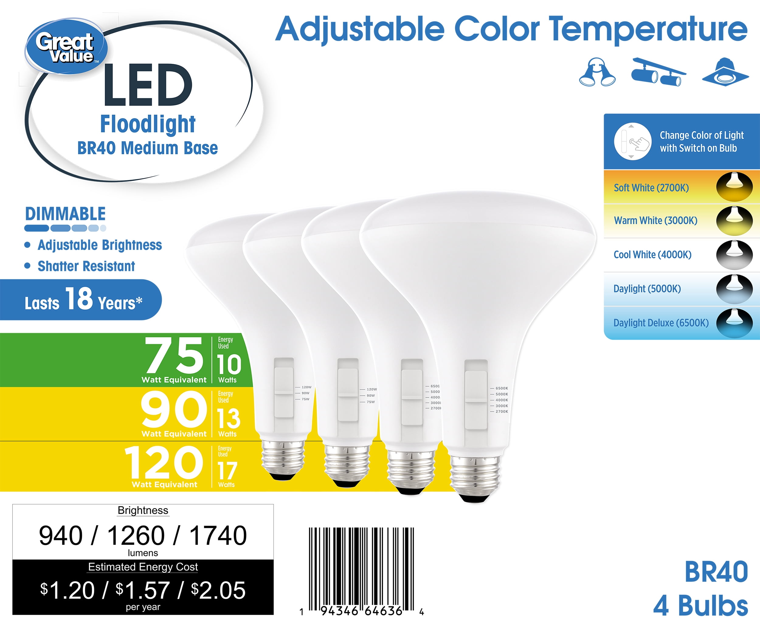 Great Value BR40 LED Flood Light Bulbs, Selectable Brightness & 5 Color Temperatures, 75W/90W/120W Equivalent, E26 Base, 4‑Pack (CEC Title 20)
