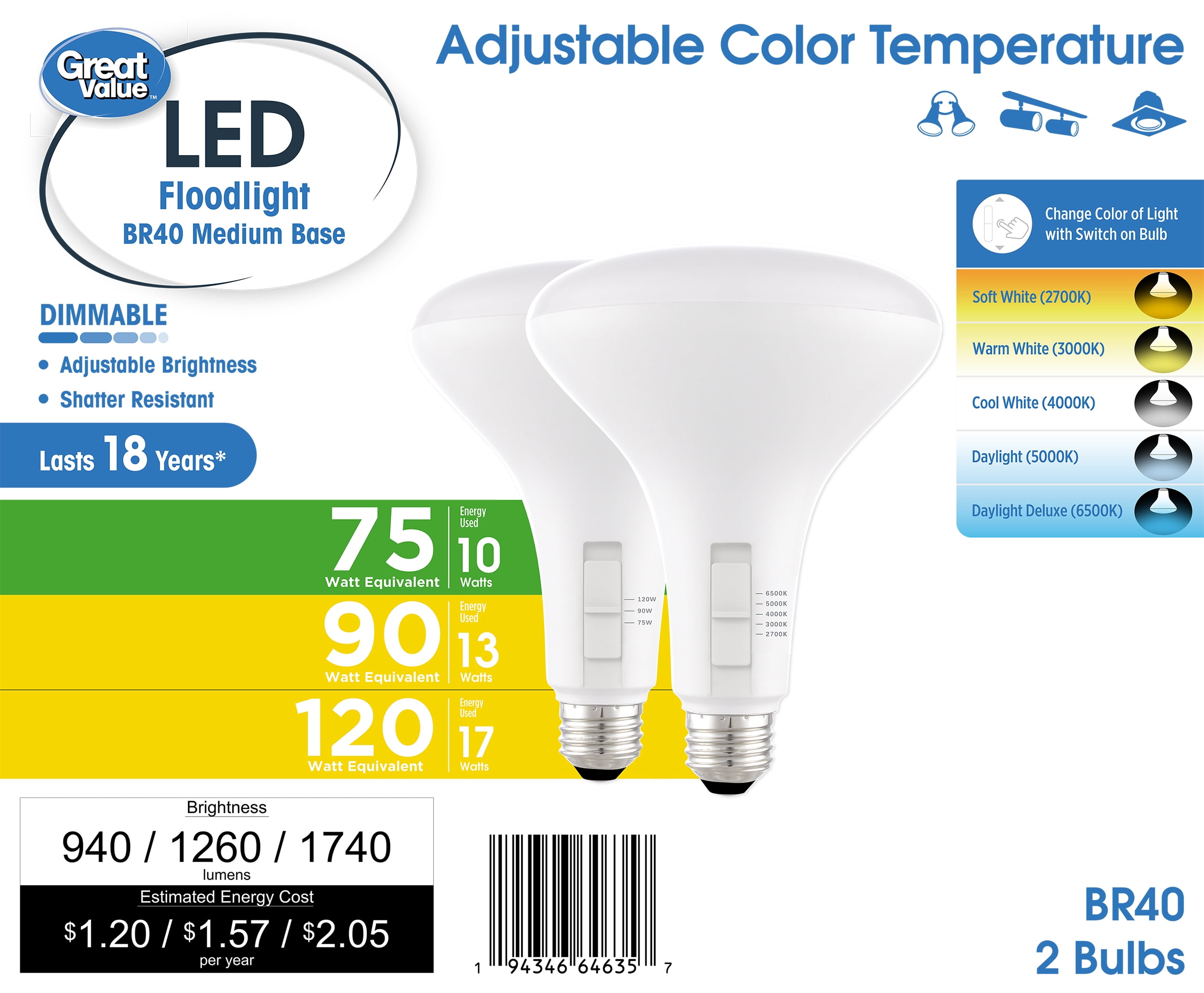 Great Value BR40 LED Flood Light Bulbs, Selectable Brightness & 5 Color Temperatures, 75W/90W/120W Equivalent, E26 Base, 2‑Pack (CEC Title 20)