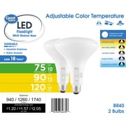 Great Value BR40 LED Flood Light Bulbs, Selectable Brightness & 5 Color Temperatures, 75W/90W/120W Equivalent, E26 Base, 2-Pack CEC Title 20