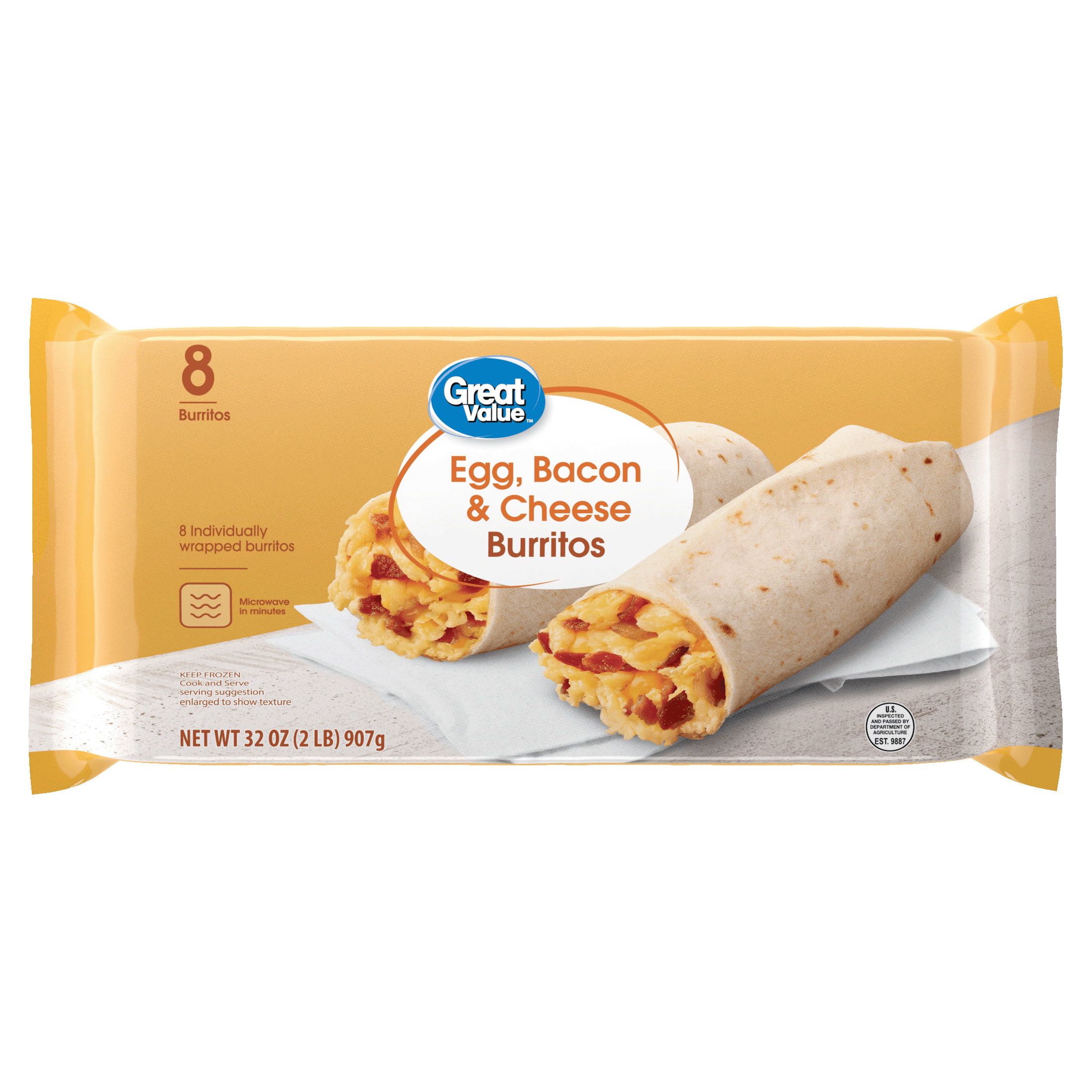 Great Value Bacon Egg and Cheese Breakfast Burritos, 32 oz, 8 Count