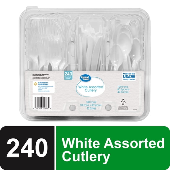 Great Value Plastic Disposable Cutlery Set, White, 240 Count