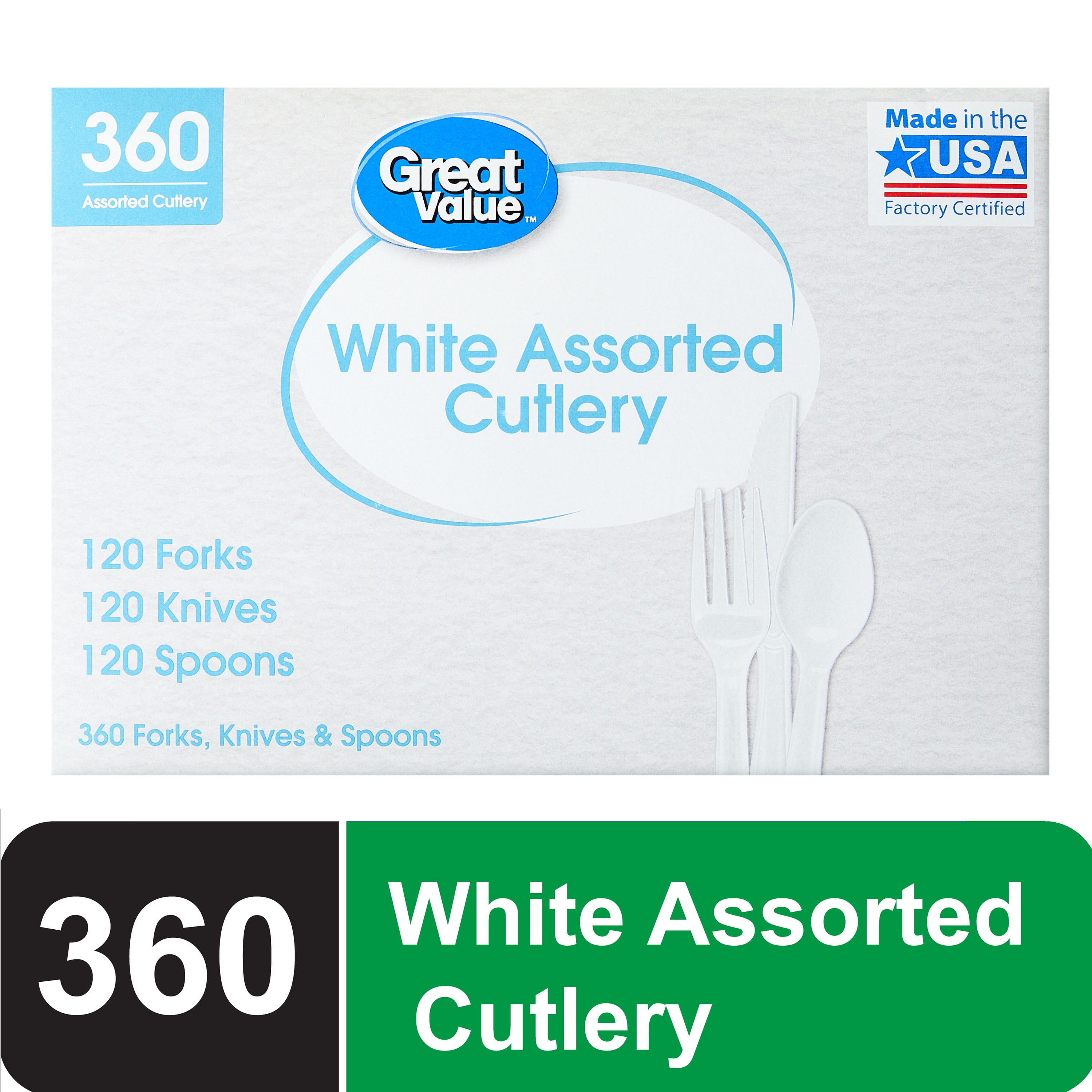 Great Value Everyday Assorted White Plastic Cutlery, 360 Count