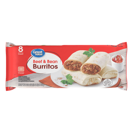 Great Value Beef & Bean Burritos, 32 oz, 8 Count (Frozen)