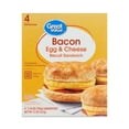 thumbnail image 1 of Great Value Biscuit Sandwiches Bacon Egg and Cheese, 3.76 oz, 4 Count (Frozen), 1 of 10