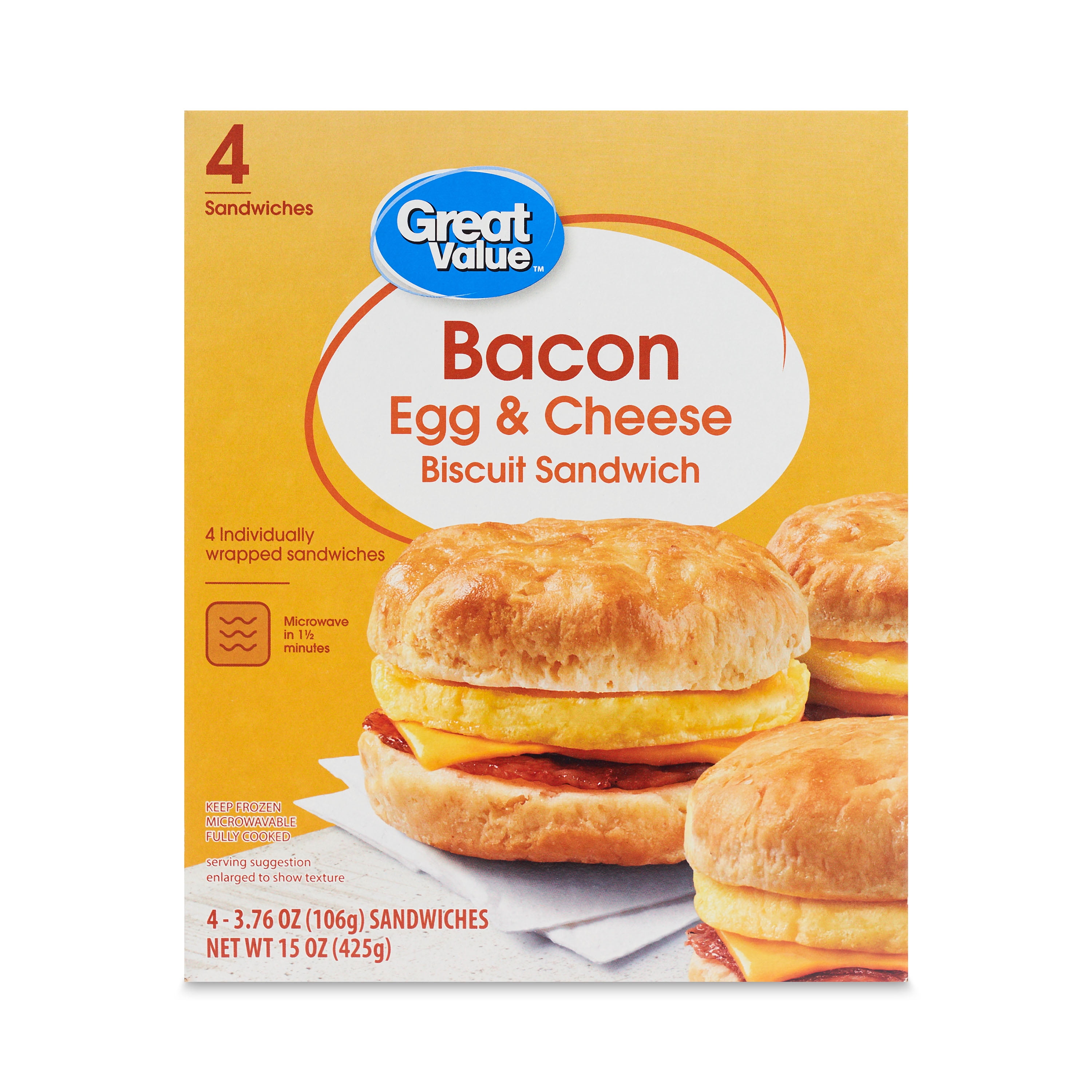 Great Value Biscuit Sandwiches Bacon Egg and Cheese, 4 Count (Frozen