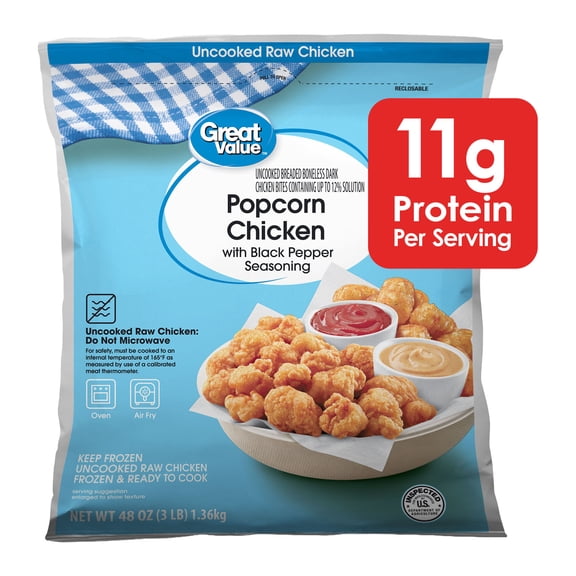 Great Value Black Pepper Popcorn, Ready to Cook Popcorn Chicken, 11g Protein, 3 lb (Frozen)