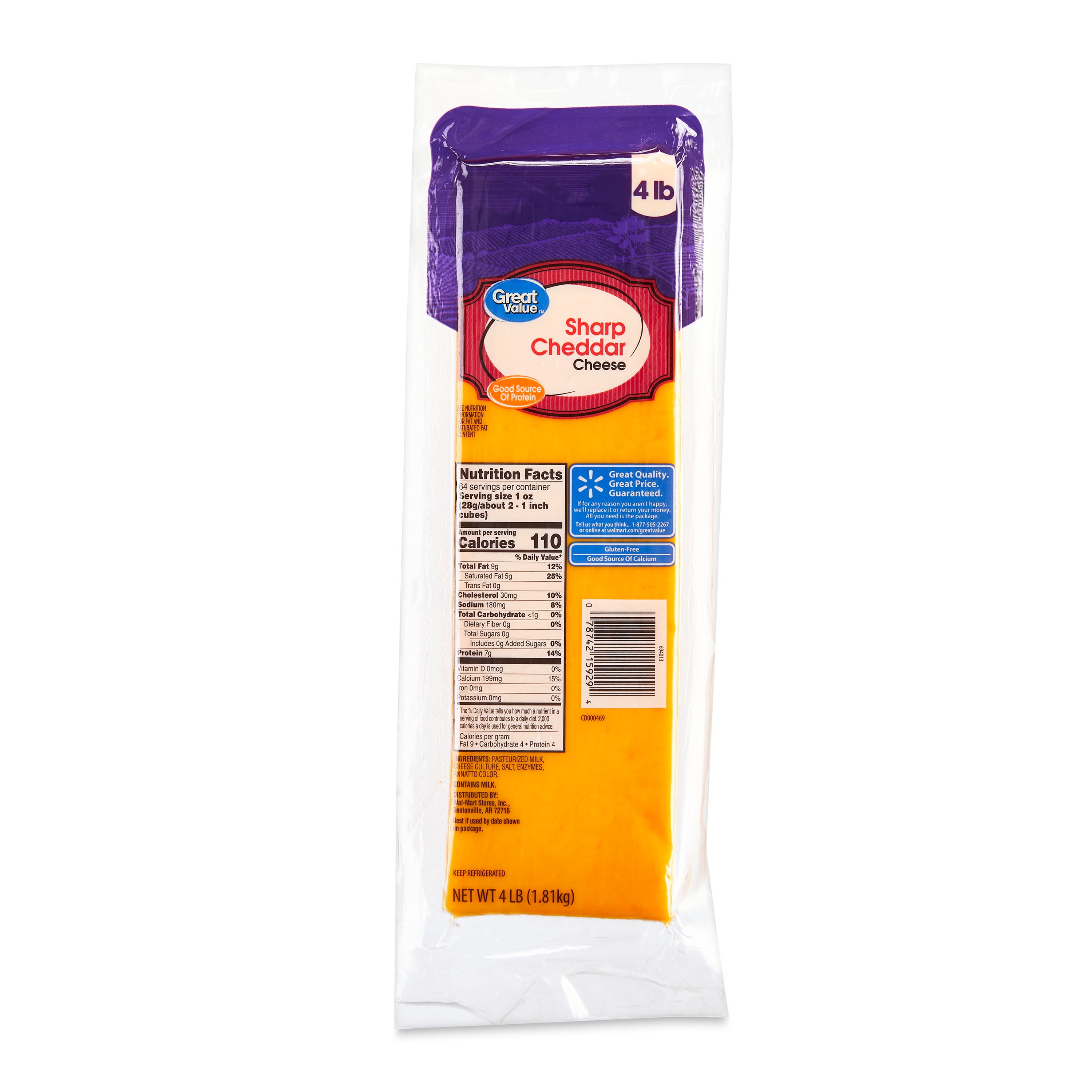 Great Value Block Sharp Cheddar Cheese, 64 oz Block (Plastic Packaging)