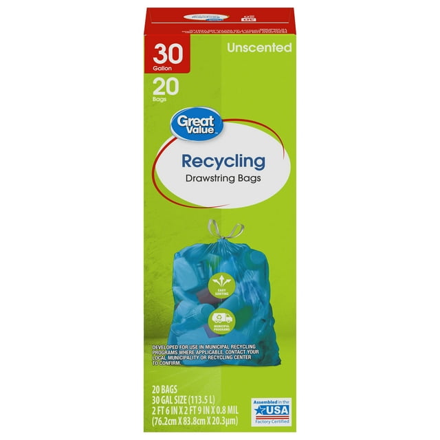 Great Value Blue 30-Gallon Drawstring Large Recycling Bags, Unscented, 20 Count