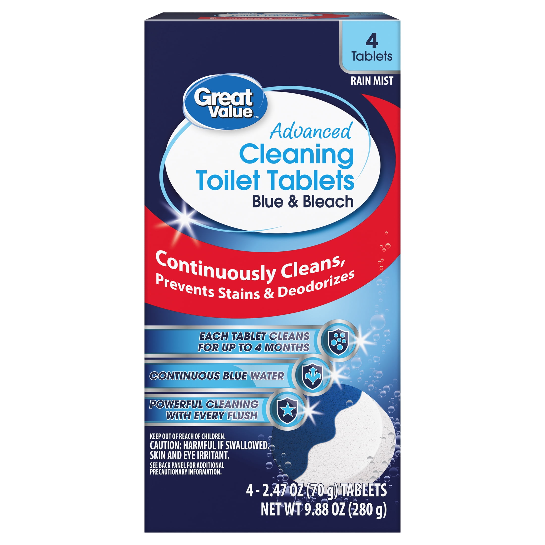 Great Value Advanced Cleaning Toilet Tablets Blue & Bleach, 9.88 oz, 4 Count