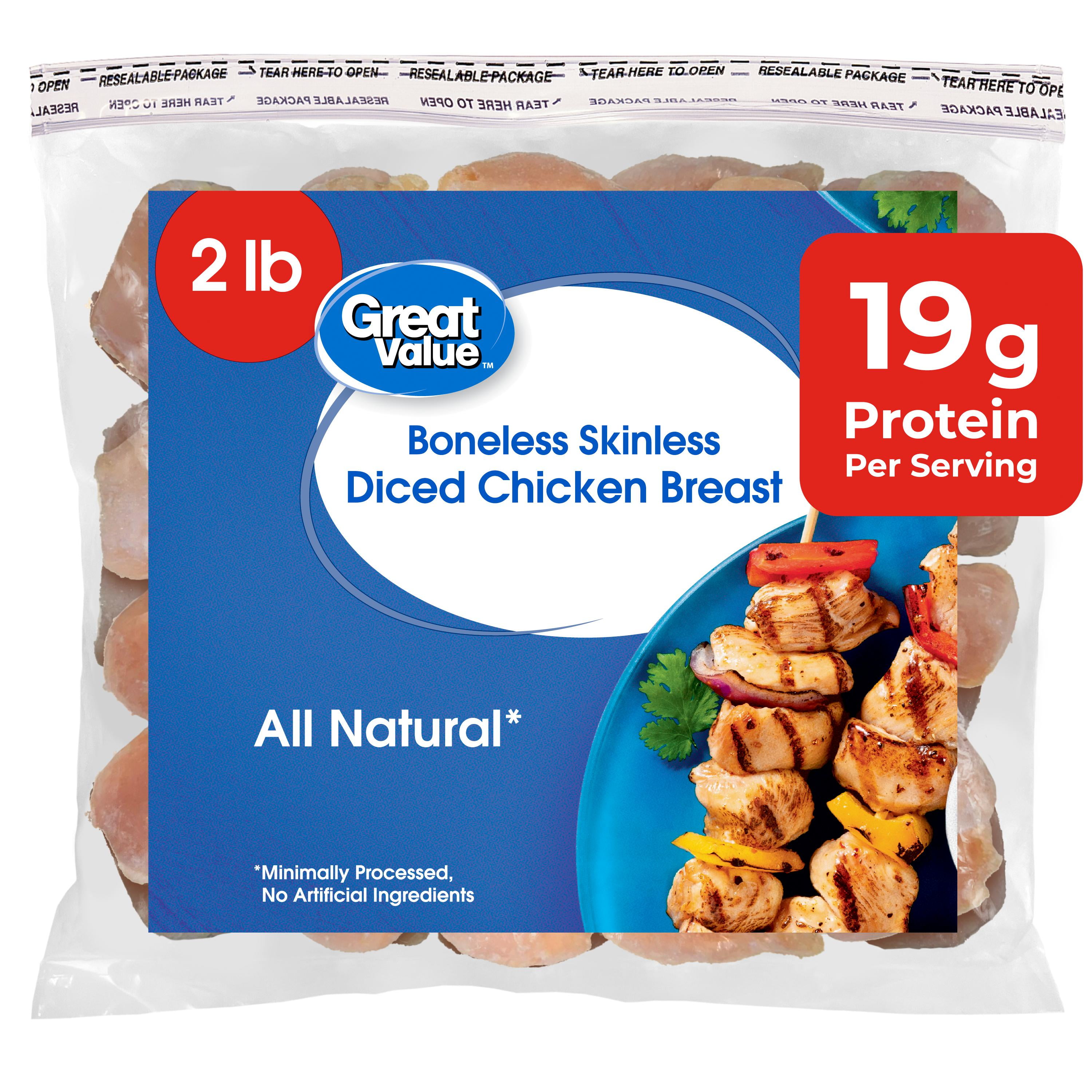 Great Value Boneless Skinless Diced Chicken Breast, 2 lb (Frozen)