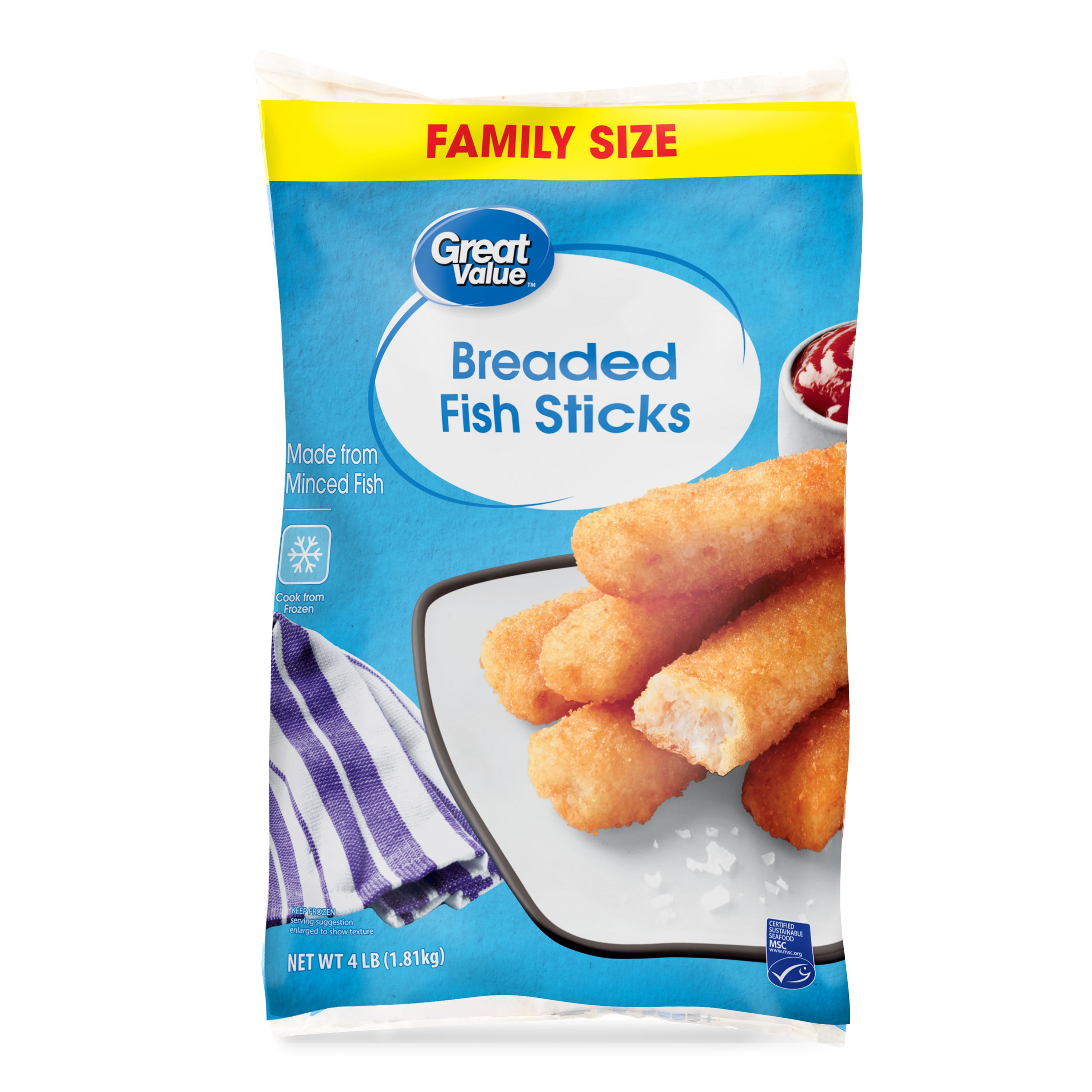 Great Value Breaded Fish Sticks, Family Size, 4 lb Bag (Frozen