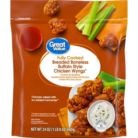 Great Value Buffalo Style Seasoned Boneless Fully Cooked Chicken Wyngz, 24 oz (Frozen)