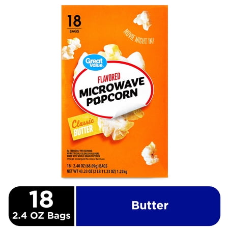 Great Value Classic Butter Flavored Microwave Popcorn, 2.4 oz, 18 Count