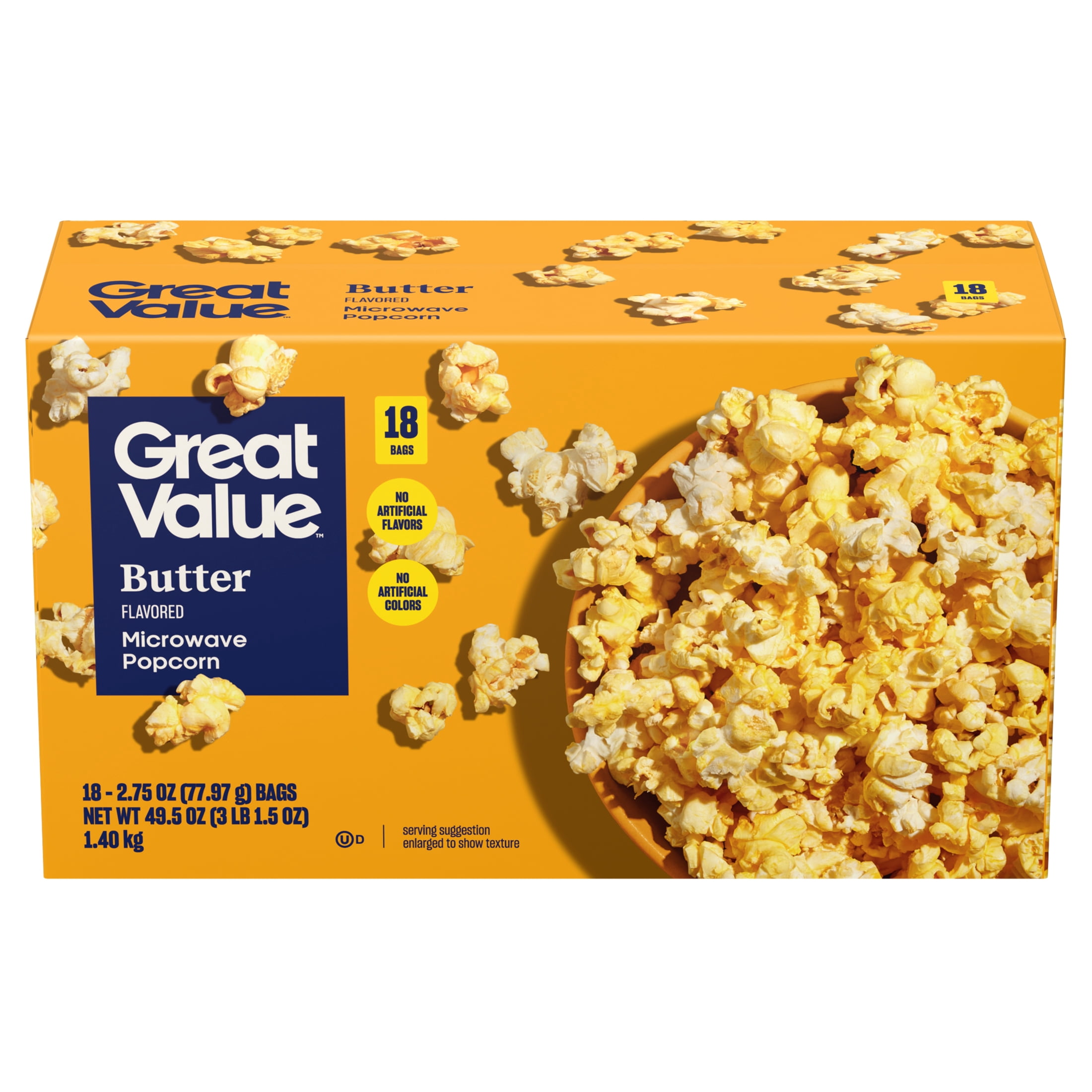 Great Value Classic Butter Flavored Microwave Popcorn, 2.4 oz, 18 Count