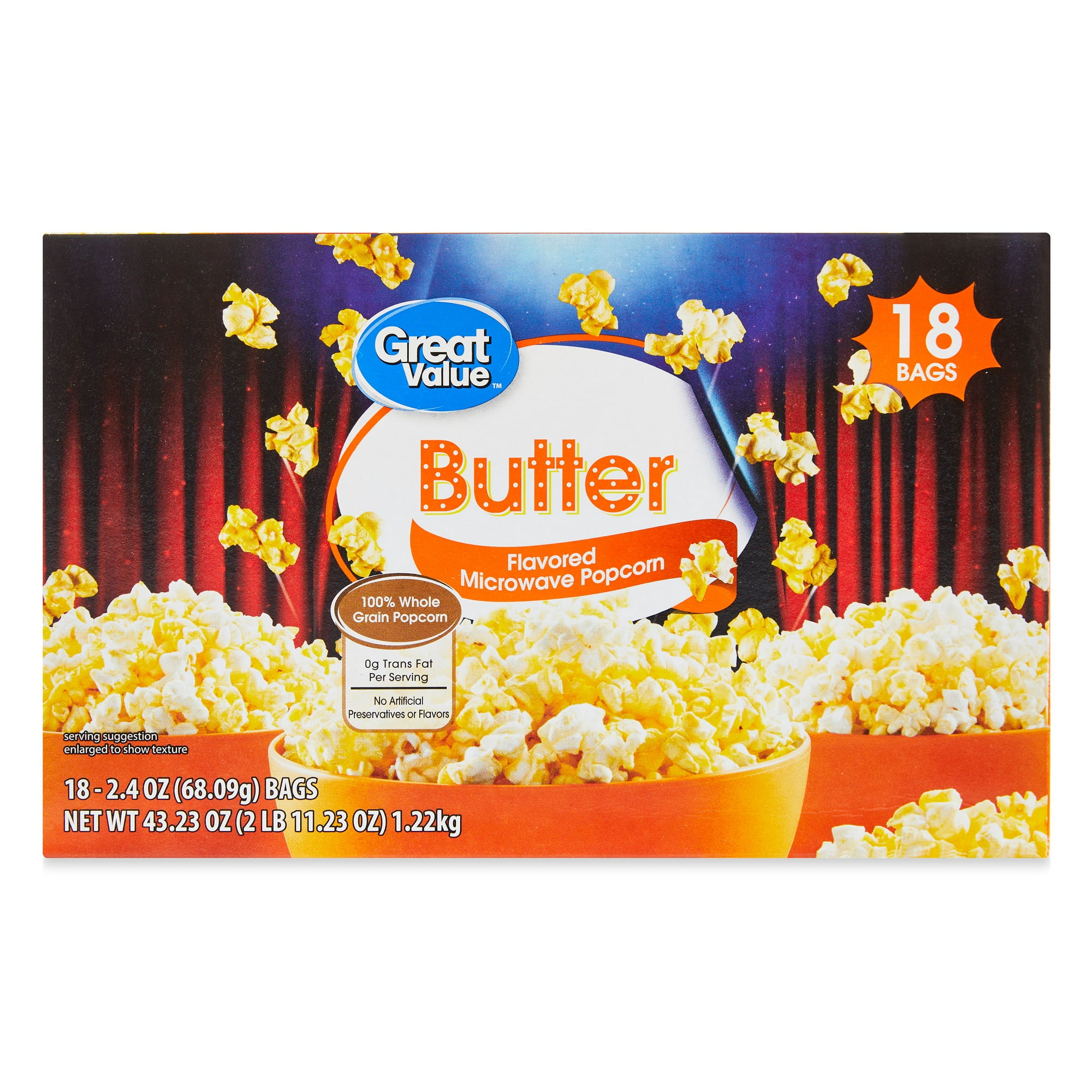 Great Value Butter Flavored Microwave Popcorn, 2.4 oz, 18 Count (2 pack