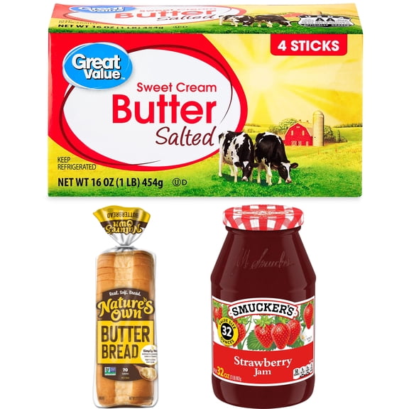 Great Value Butter, Nature's Own Butterbread & Smucker's Strawberry Jam Breakfast Bundle