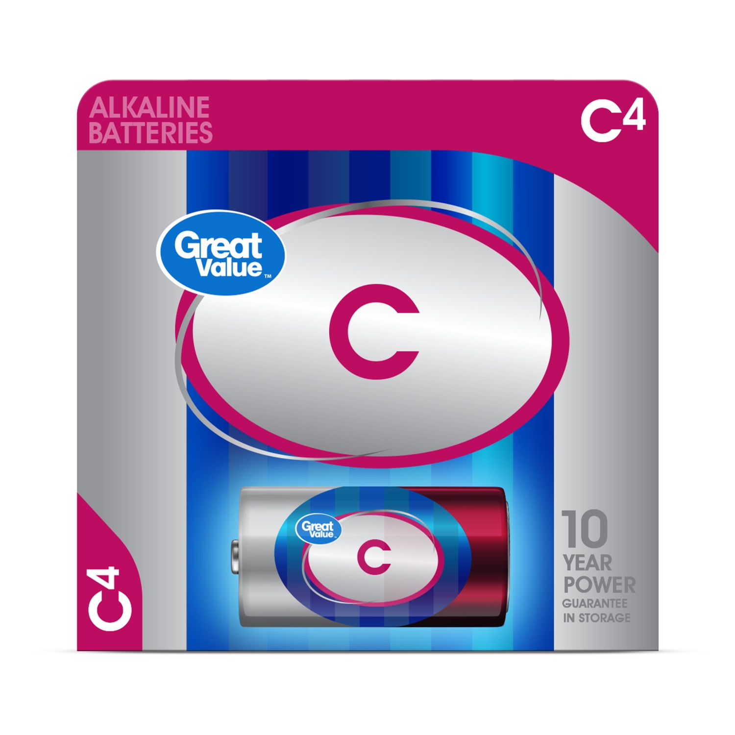 Great Value C Batteries (4 Pack), Alkaline C Cell Batteries (Plastic Free Packaging)