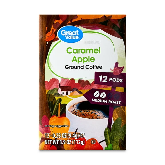 Great Value Caramel Apple Ground Coffee Pods, 3.9 oz, 12 Count