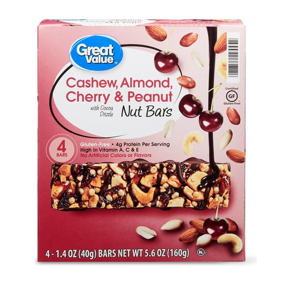 Great Value Cashew, Almond, Cherry, & Peanut Nut Bars with Cocoa Drizzle, 5.6 oz, 4 Count