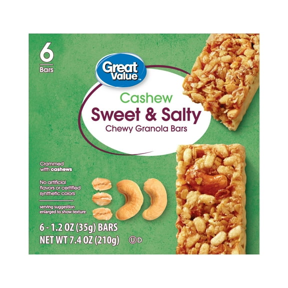 Great Value Cashew Sweet & Salty Chewy Granola Bars, 1.2 oz, 6 Count