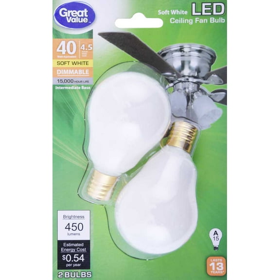 Great Value Ceiling Fan LED Light Bulb, Soft White, Dimmable, 4.5W (40W Equivalent), 2 Count