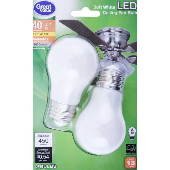Great Value Ceiling Fan LED Light Bulb, Soft White, Dimmable, 4.5W (40W Equivalent), 2 Count