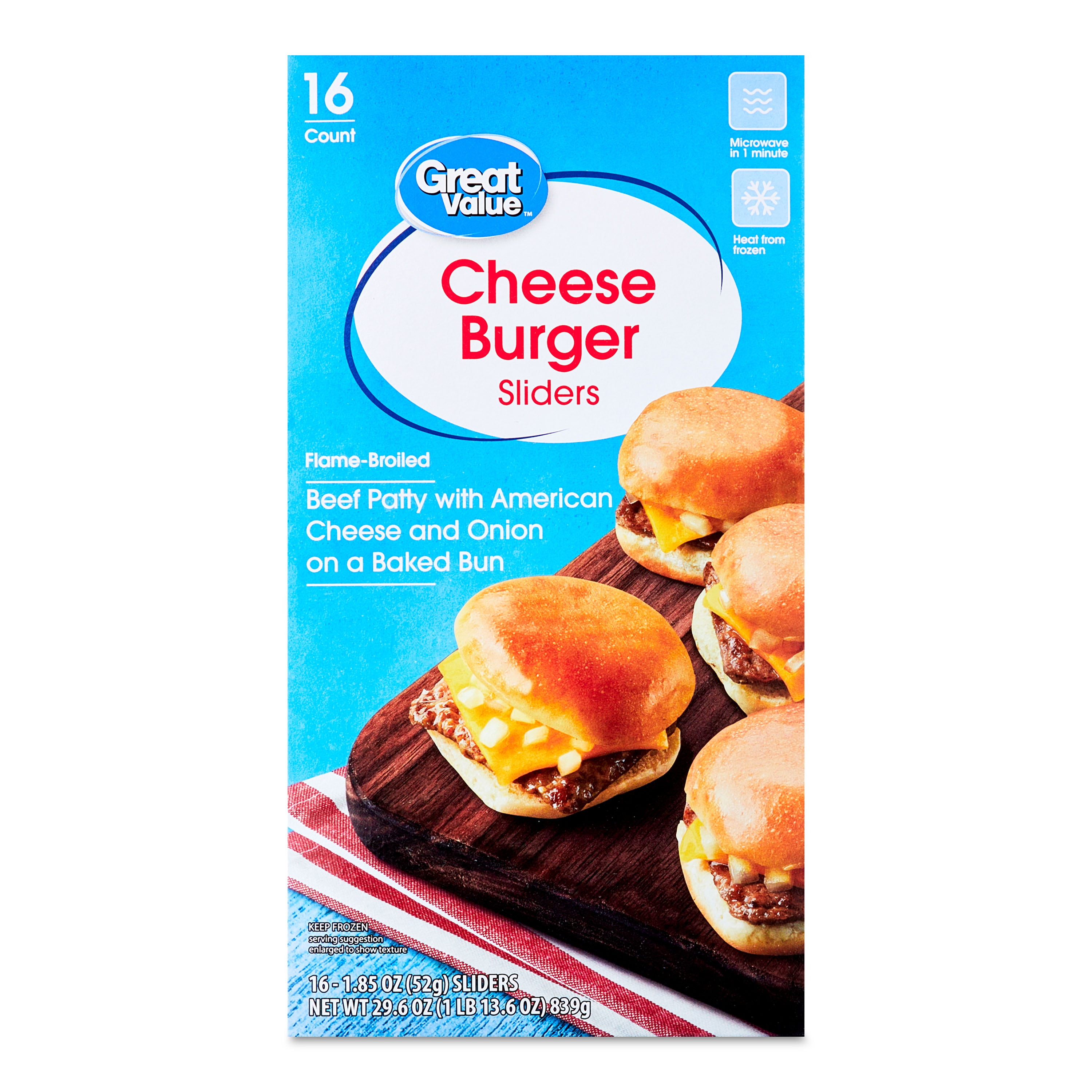 Great Value Cheeseburger Sliders, 29.6 oz, 16 Count (Frozen)