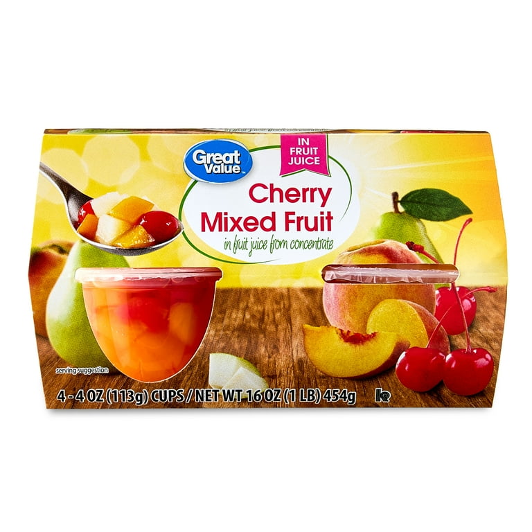 Great Value Cherry Mixed Fruit in 100% Juice, 4 oz, 4 Pack, Diced