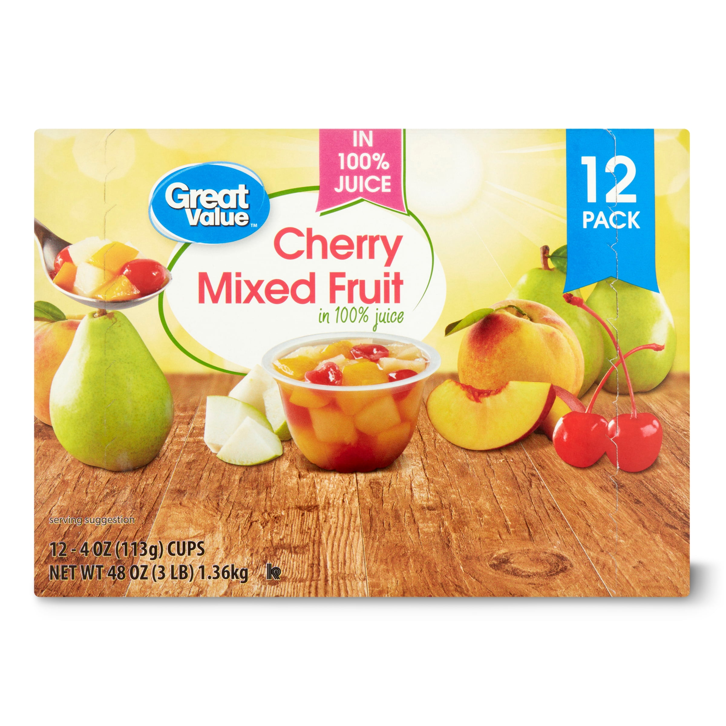 Great Value Cherry Mixed Fruit Cups in 100 Juice, 4 oz, 12 Ct