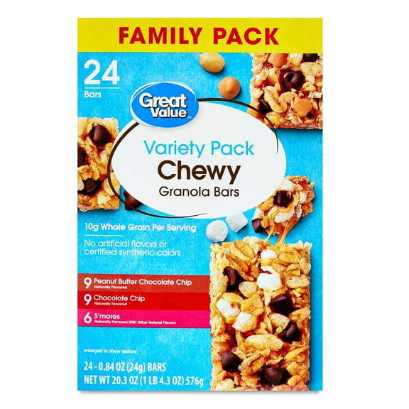 Great Value Chewy Granola Bars Variety Pack, Family Pack, 0.84 oz, 24 Count