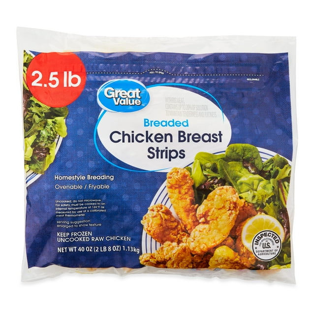 Great Value Chicken Breast Strips, 20g Protein per 4oz Serving, 2.5 lb (Frozen)