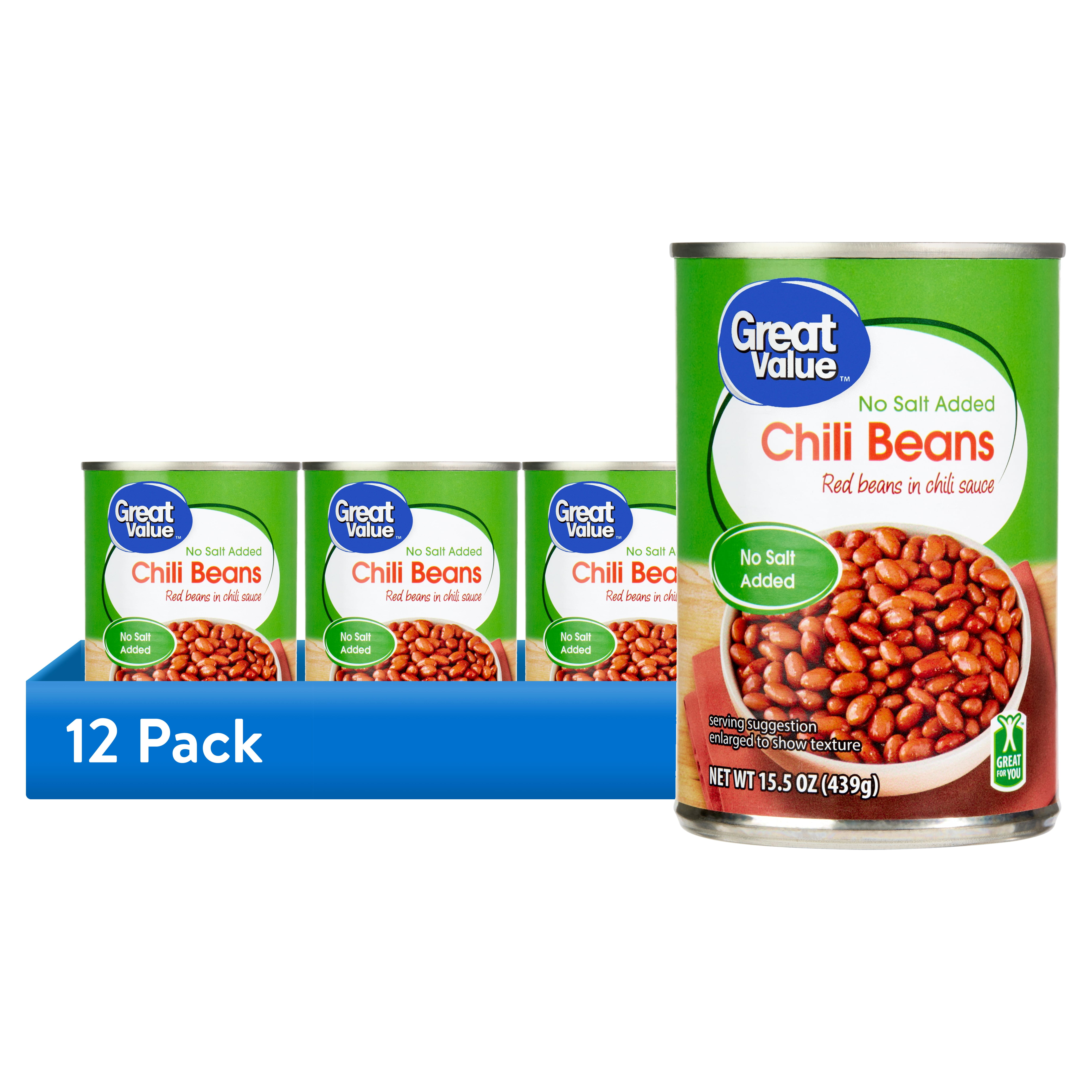 (12 pack) Great Value, No Salt Added Chili Beans, 15.5 oz Can