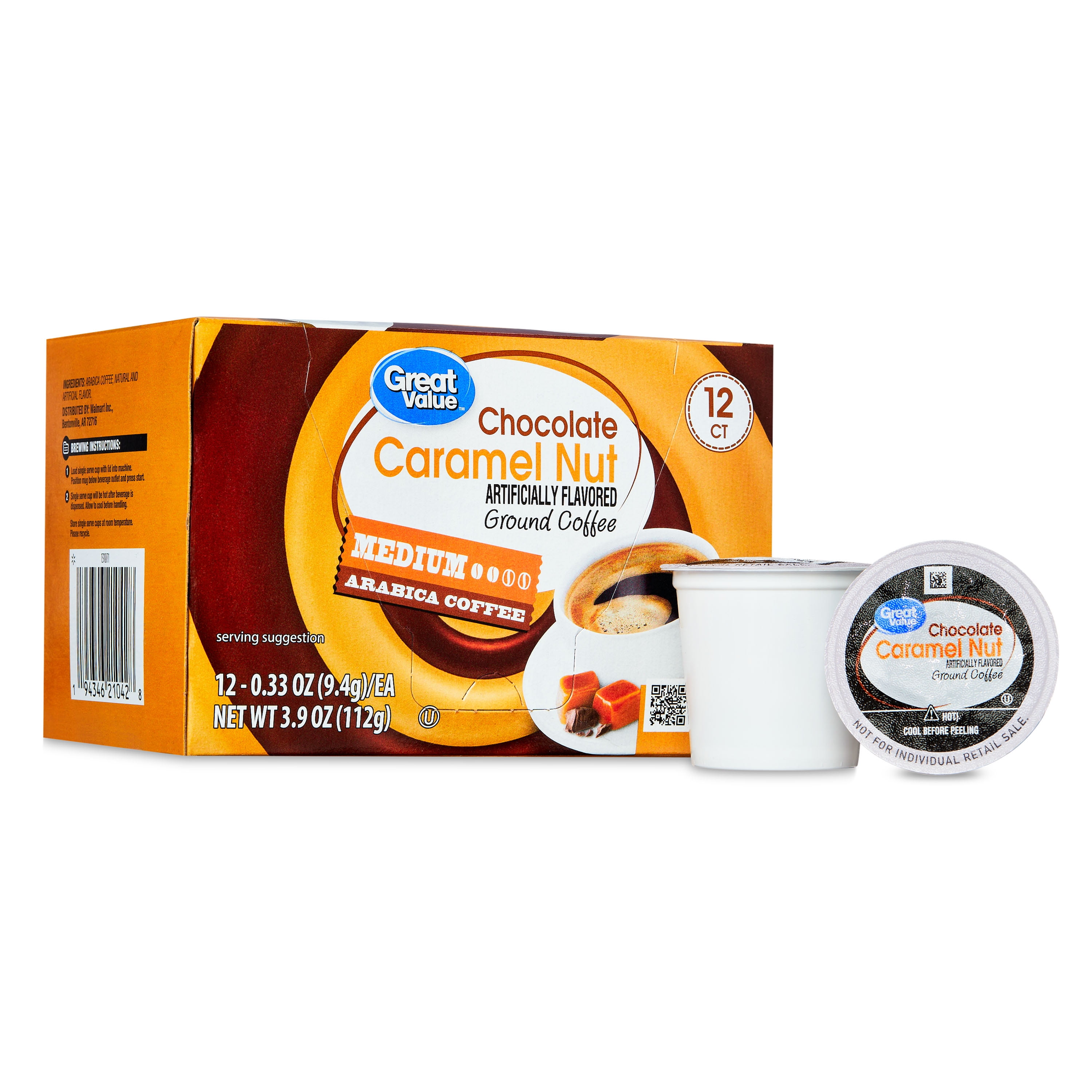 Great Value Chocolate Caramel Nut, Medium Roast Arabica Coffee Pods, 12 Count